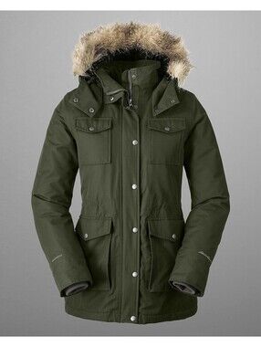 Eddie Bauer Westbridge Parka Winter Jacket Hooded Fur Green Military Women Small